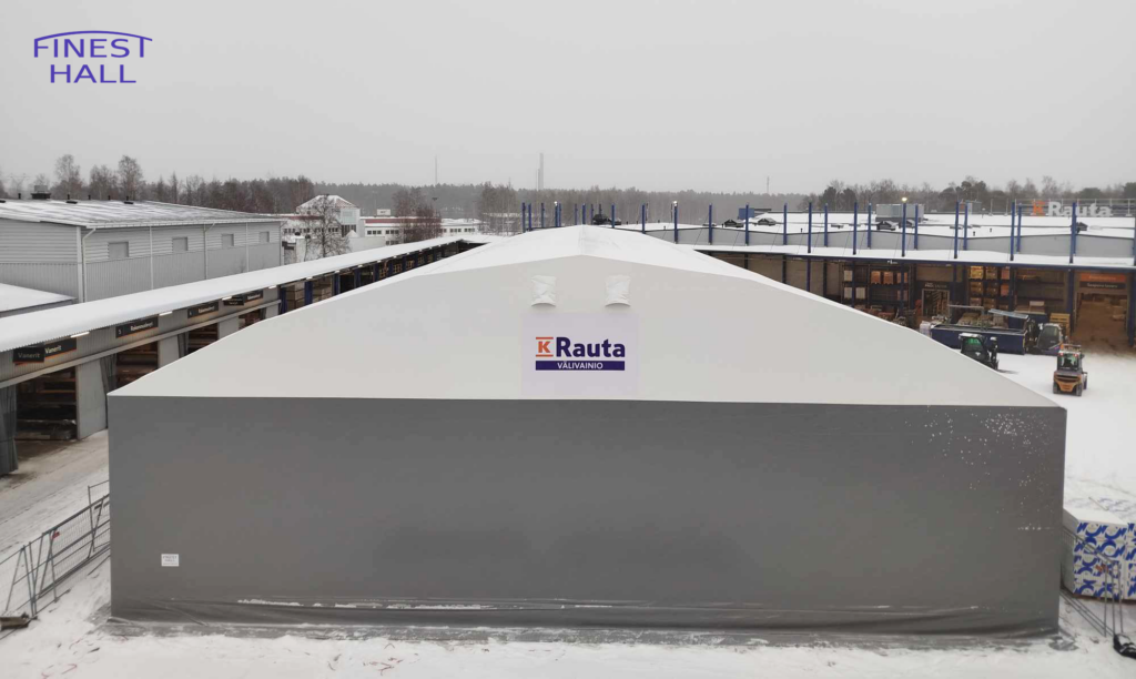 Finest-Hall Factory OÜ toodetud ja paigaldatud PVC hall mõõtudega 23x38m, kõrgusega 5,6 meetrit Kesko Oyj-le.