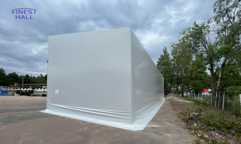Finest-Hall Factory OÜ toodetud ja paigaldatud varikatus mõõtudega 8x21m, kõrgusega 6,8 meetrit Dahl Oy-le.