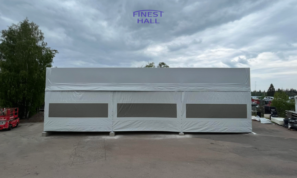 Finest-Hall Factory OÜ toodetud ja paigaldatud varikatus mõõtudega 8x21m, kõrgusega 6,8 meetrit Dahl Oy-le.