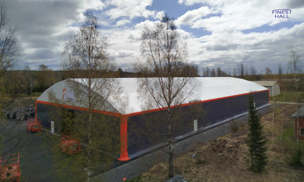 Finest-Hall Factory OÜ toodetud ja paigaldatud PVC hall mõõtudega 30x72m, kõrgusega 5,6 meetrit Länsi-Suomen Verkkopalvelut Oy-le.