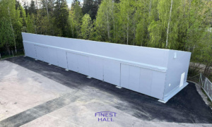 Finest-Hall Factory OÜ toodetud ja paigaldatud varikatus mõõtudega 8x42m, kõrgusega 6,8/5 meetrit SSP Group Oy-le.