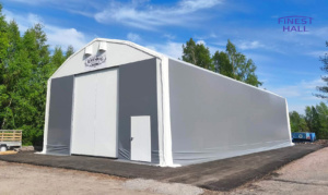 A PVC hall measuring 10 × 24.5 m with a height of 5 metres, manufactured and installed by Finest-Hall Factory OÜ for R.M.Enberg Transport Ab.