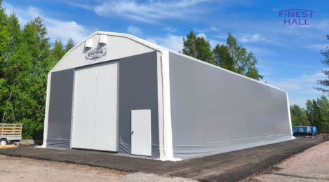 A PVC hall measuring 10 × 24.5 m with a height of 5 metres, manufactured and installed by Finest-Hall Factory OÜ for R.M.Enberg Transport Ab.