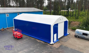 A PVC hall measuring 10 × 21 m with a height of 5 metres, manufactured and installed by Finest-Hall Factory OÜ for PP Maalaus Oy.