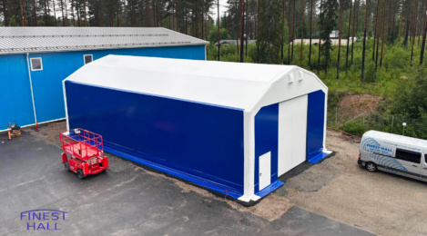 A PVC hall measuring 10 × 21 m with a height of 5 metres, manufactured and installed by Finest-Hall Factory OÜ for PP Maalaus Oy.