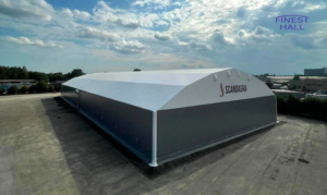 PVC hall manufactured and installed by Finest-Hall Factory OÜ for Scandagra UAB, measuring 40 × 100 m with a height of 7 metres.