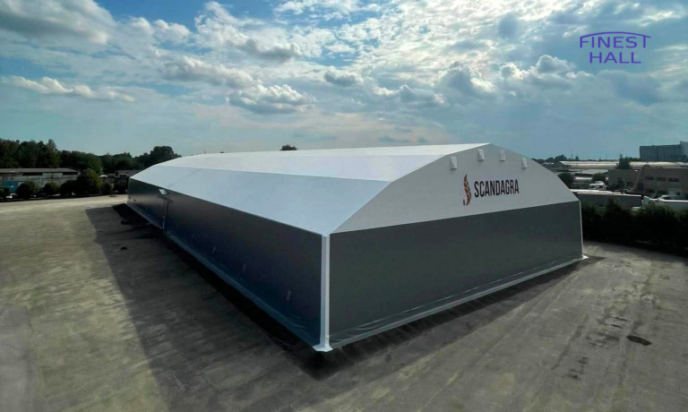 PVC hall manufactured and installed by Finest-Hall Factory OÜ for Scandagra UAB, measuring 40 × 100 m with a height of 7 metres.
